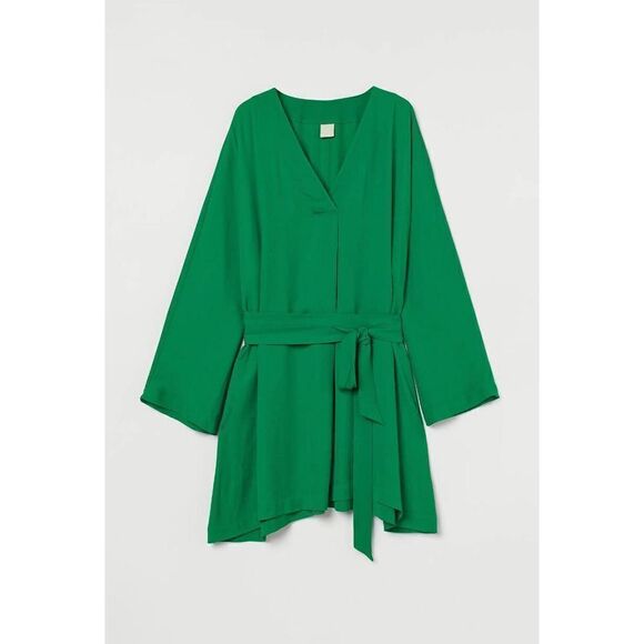 H&M Kaftan Dress Belted Green Short Oversized New - Picture 7 of 8